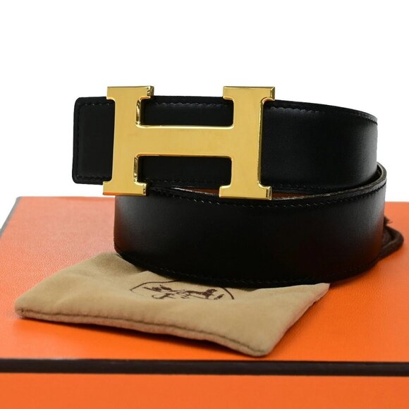 HERMES H Logo Constance Reversible Buckle Belt Leather #65 Black Brown 89YH155 - Picture 1 of 13